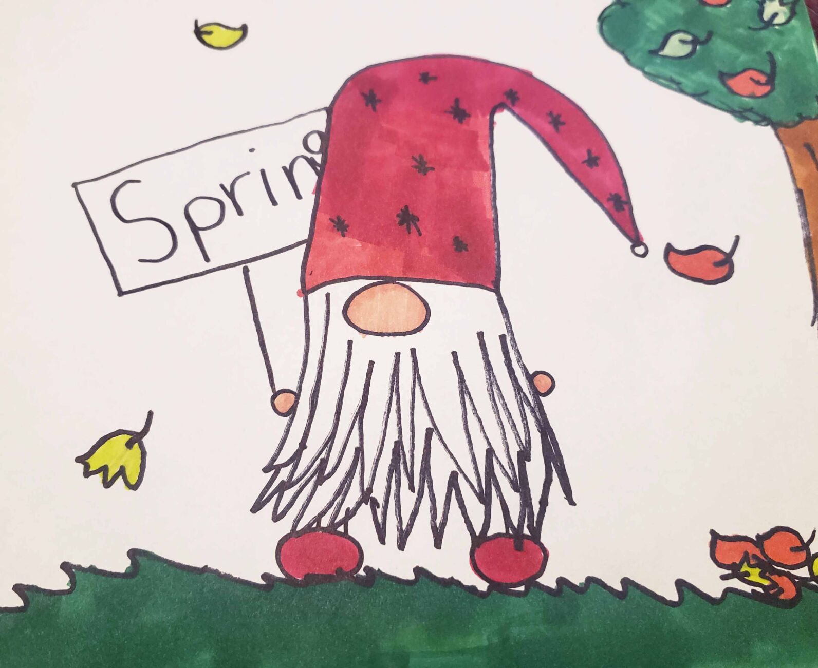 Gnome with falling leaves drawn by Charlotte Hirth, 9, of Union Grove